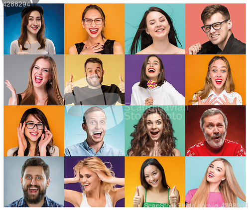 Image of The collage from portraits of women with smiling facial expression