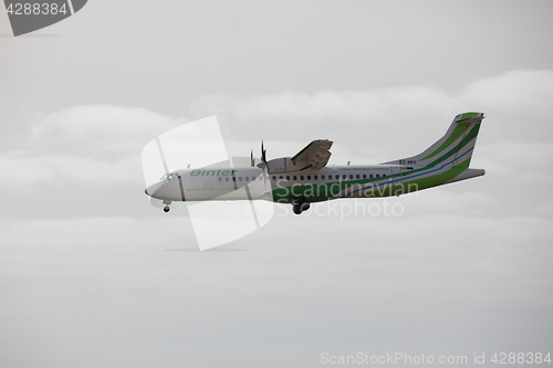 Image of ARECIFE, SPAIN - APRIL, 15 2017: ATR 72 of Binter landing at Lan