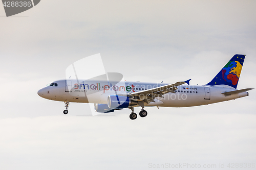 Image of ARECIFE, SPAIN - APRIL, 15 2017: AirBus A320 of small planet wit