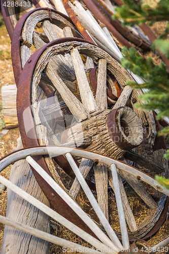 Image of Abstract of Vintage Antique Wood Wagon Wheels.