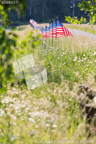 Image of Row of American Flags on Fence