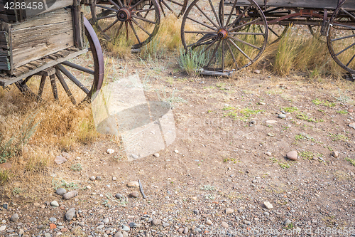 Image of Abstract of Vintage Antique Wood Wagons and Wheels.