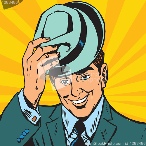 Image of avatar portrait gentle man raises his hat