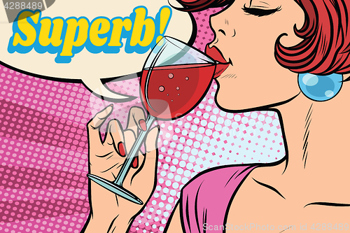 Image of super reaction. Woman drinking red wine