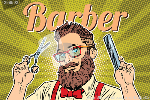 Image of bearded hipster barber with scissors and comb