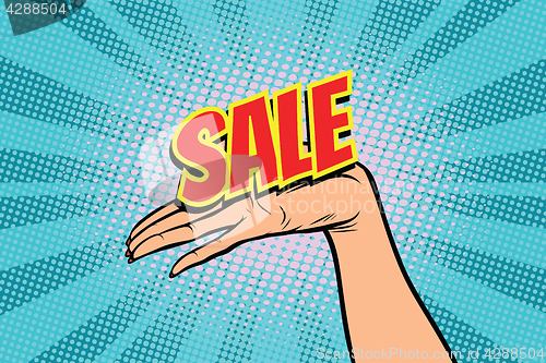 Image of sale word. Women open palm hand hold gesture