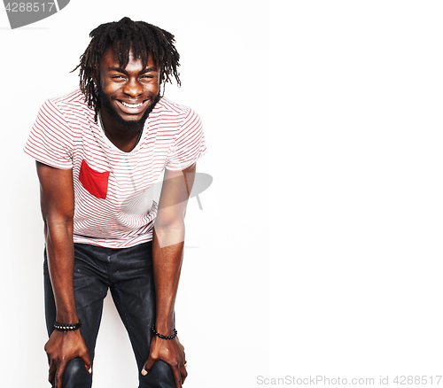 Image of young handsome afro american boy, stylish hipster gesturing emotional isolated on white background smiling, lifestyle people concept