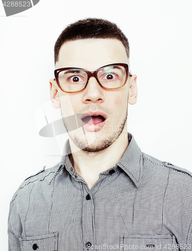 Image of young handsome teenage hipster guy posing emotional, happy smiling against white background isolated, lifestyle people concept 