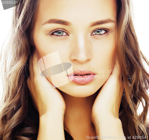 Image of young sweet brunette woman close up isolated on white background