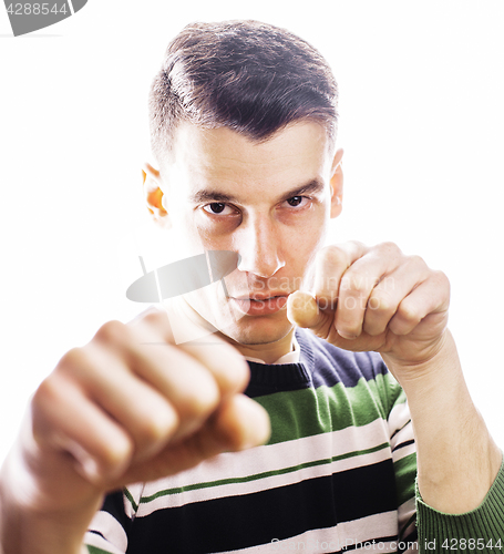 Image of young handsome teenage hipster guy posing emotional, happy smiling against white background isolated, lifestyle people concept 