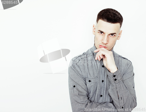 Image of young handsome teenage hipster guy posing emotional, happy smiling against white background isolated, lifestyle people concept 