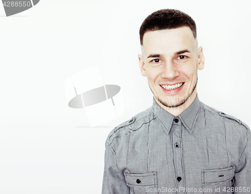 Image of young handsome teenage hipster guy posing emotional, happy smiling against white background isolated, lifestyle people concept 