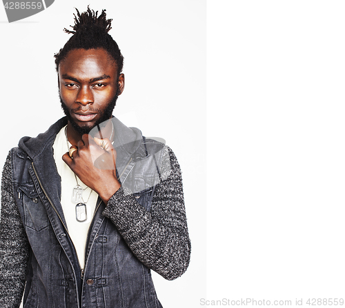 Image of young handsome afro american boy, stylish hipster gesturing emotional isolated on white background smiling, lifestyle people concept