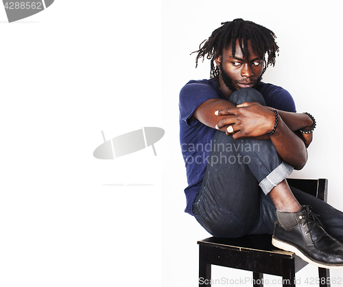Image of young handsome afro american boy, stylish hipster gesturing emotional isolated on white background smiling, lifestyle people concept