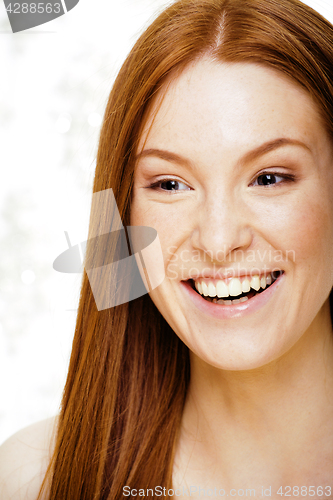 Image of beauty young redhead woman with red flying hair, funny ginger fr