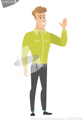 Image of Young caucasian businessman waving his hand.