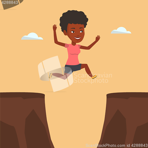 Image of Sportswoman jumping over cliff vector illustration