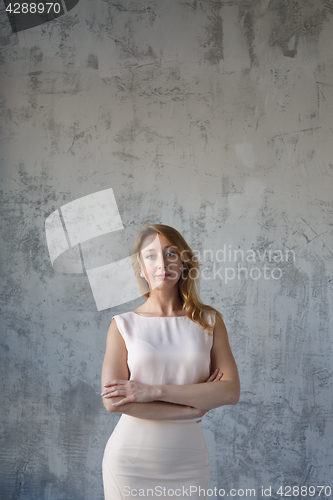 Image of Long-haired beautiful woman in dress