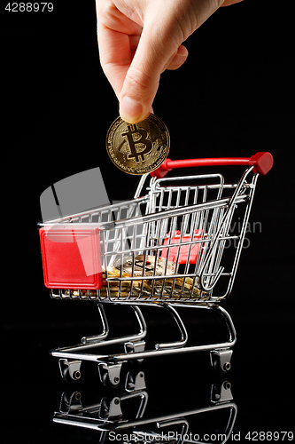 Image of hand throws a bitcoin into trolley.