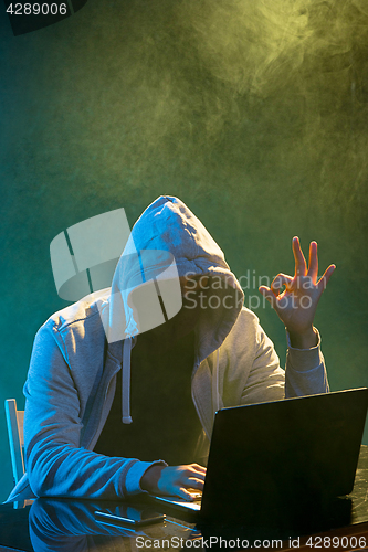 Image of Hooded computer hacker stealing information with laptop