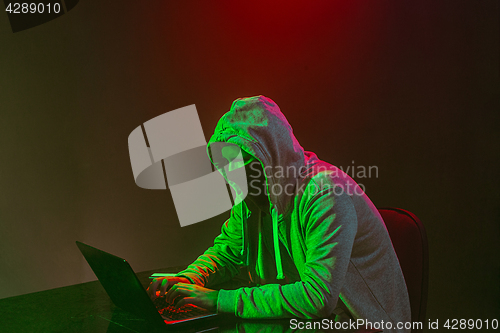 Image of Hooded computer hacker stealing information with laptop