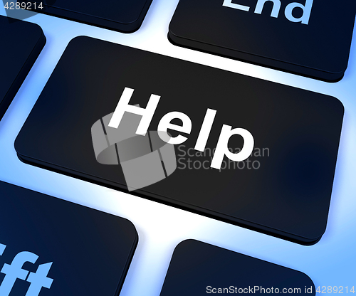 Image of Help Computer Key Showing Assistance Support And Answers