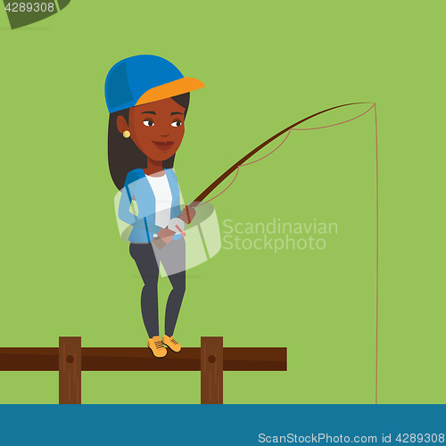 Image of Woman fishing on jetty vector illustration.