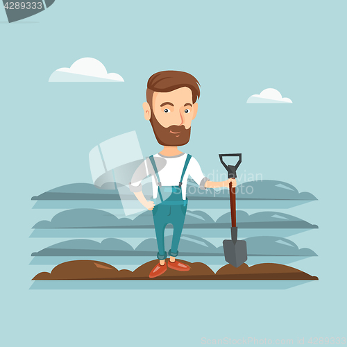 Image of Farmer with shovel at field vector illustration.