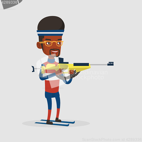 Image of Cheerful biathlon runner aiming at the target.