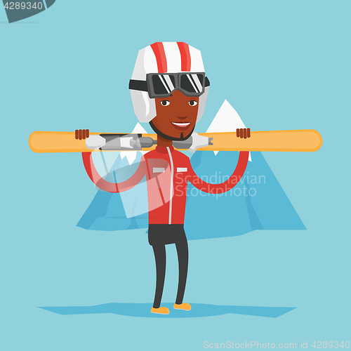 Image of Man holding skis vector illustration.