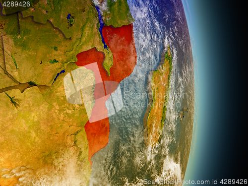 Image of Mozambique in red from space