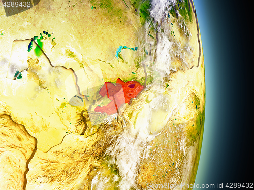 Image of Kyrgyzstan in red from space