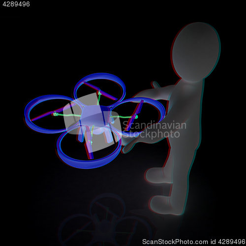 Image of 3d man with drone, quadrocopter, with photo camera. 3d render. 3