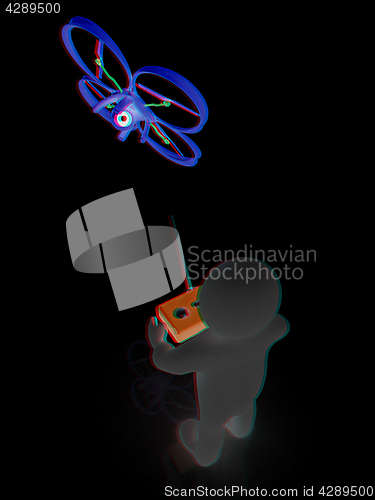 Image of 3d man with drone, quadrocopter, with photo camera. 3d render. 3