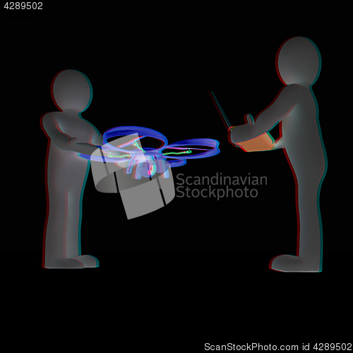 Image of 3d man with drone, quadrocopter, with photo camera. 3d render. 3