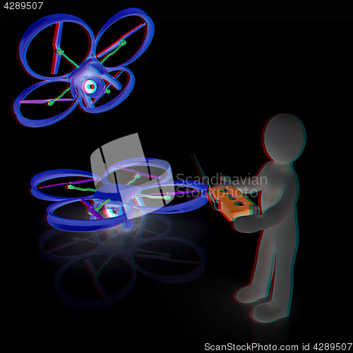 Image of 3d man with drone, quadrocopter, with photo camera. 3d render. 3