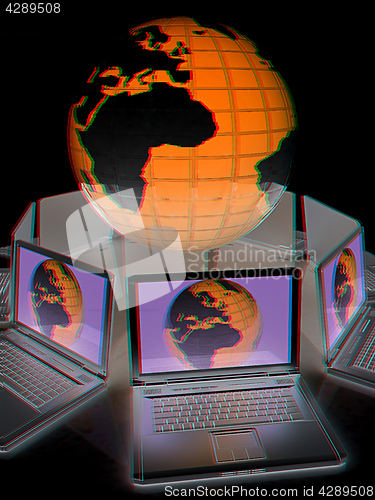 Image of internet, global network, computers around globe. 3d render. Ana