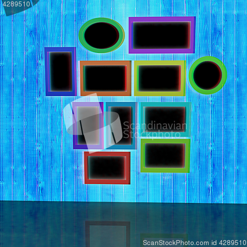 Image of Mock up picture frames on wood wall. 3d illustration. Anaglyph. 