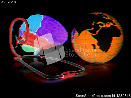 Image of stethoscope, globe, brain - global medical concept. 3d illustrat