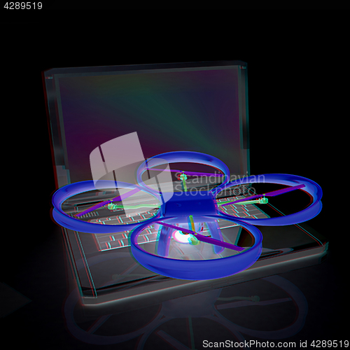 Image of Drone and laptop. 3D render. Anaglyph. View with red/cyan glasse