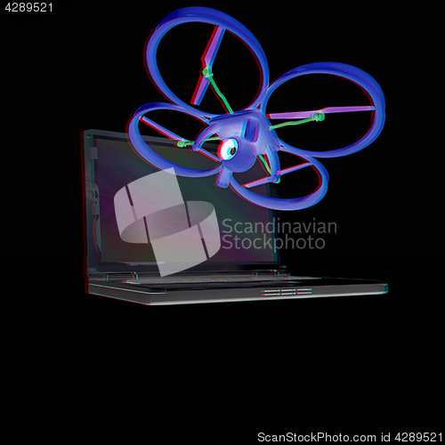 Image of Drone and laptop. 3D render. Anaglyph. View with red/cyan glasse