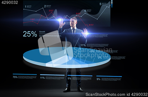 Image of businessman in suit working with virtual pie chart