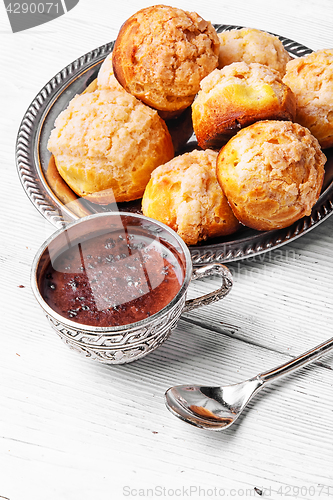 Image of profiteroles dessert and hot chocolate