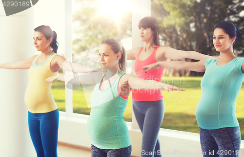 Image of happy pregnant women exercising in gym