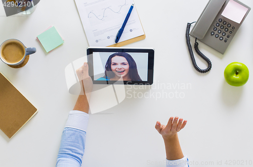 Image of hands of businesswoman with tablet pc at office