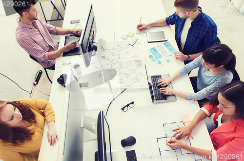 Image of creative team with computers, blueprint at office