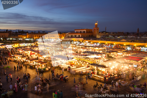 Image of Jamaa el Fna market square at dusk, Marrakesh, Morocco, north Africa.