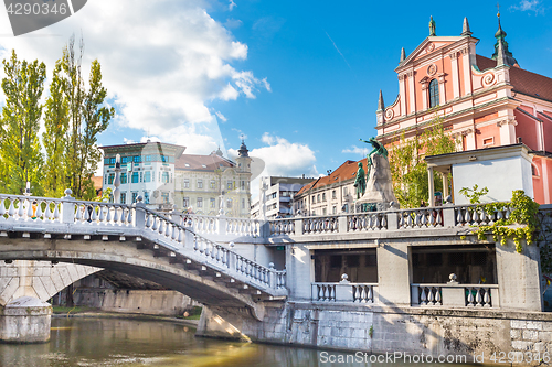 Image of Preseren square and Franciscan Church of the Annunciation, Ljubljana, Slovenia, Europe.