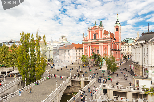 Image of Preseren square and Franciscan Church of the Annunciation, Ljubljana, Slovenia, Europe.