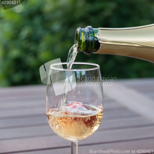 Image of Pouring champagne in a glass in a garden